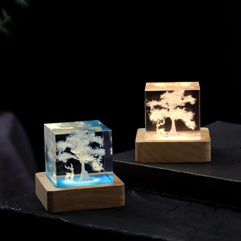 Warm White LED Deer Cherry Blossom Figurine, Handmade Resin Night Light/Bedside Lamp